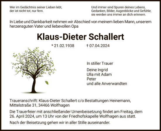 Todesanzeige von Klaus-Dieter Schallert von HNA