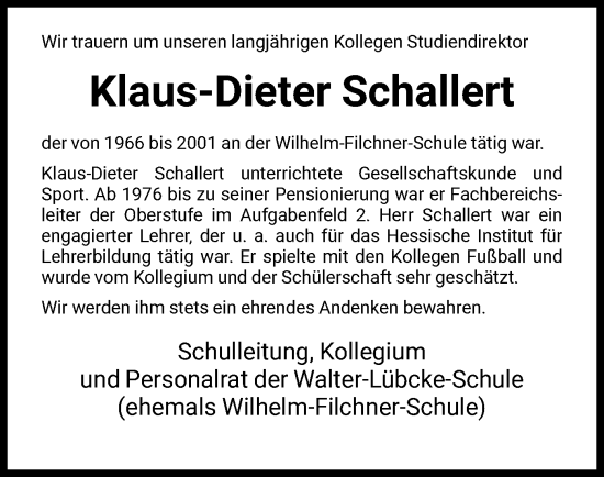 Todesanzeige von Klaus-Dieter Schallert von HNA