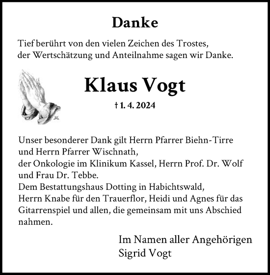 Todesanzeige von Klaus Vogt von HNA