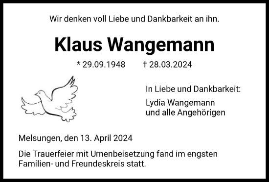 Todesanzeige von Klaus Wangemann von HNA