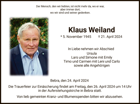 Todesanzeige von Klaus Weiland von HNAHZ