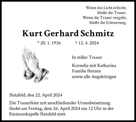 Todesanzeige von Kurt Gerhard Schmitz von HNA