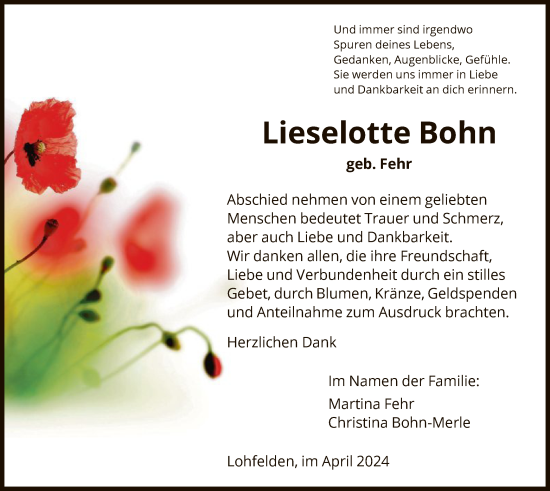 Todesanzeige von Lieselotte Bohn von HNA