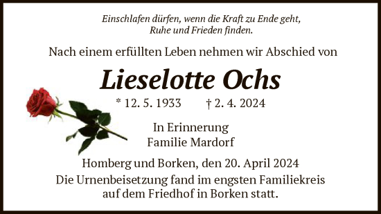 Todesanzeige von Lieselotte Ochs von HNA