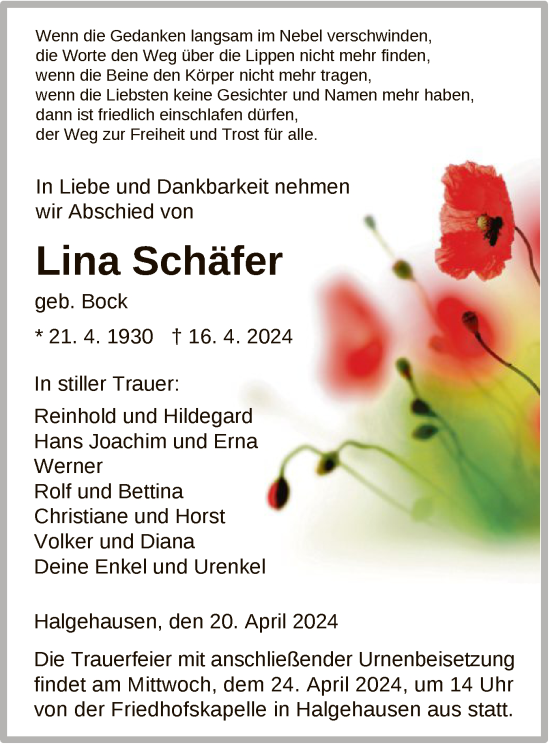 Todesanzeige von Lina Schäfer von HNA