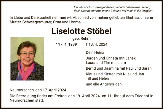 Todesanzeige von Liselotte Stöbel von HNA