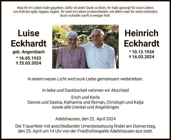 Todesanzeige von Luise und Heinrich Eckhardt von HNA
