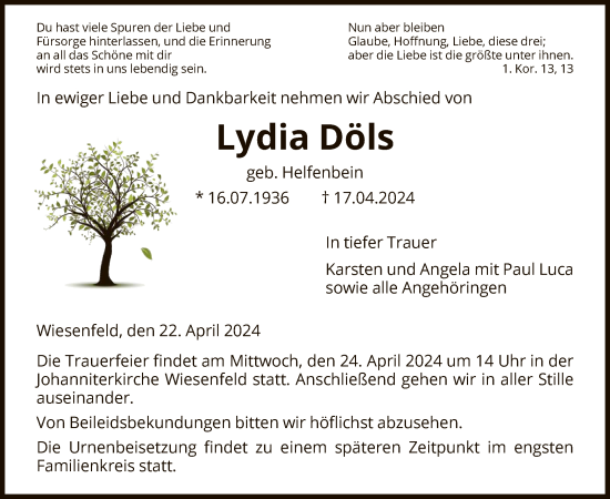 Todesanzeige von Lydia Döls von HNA