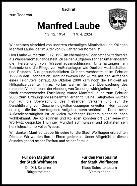 Todesanzeige von Manfred Laube von HNA