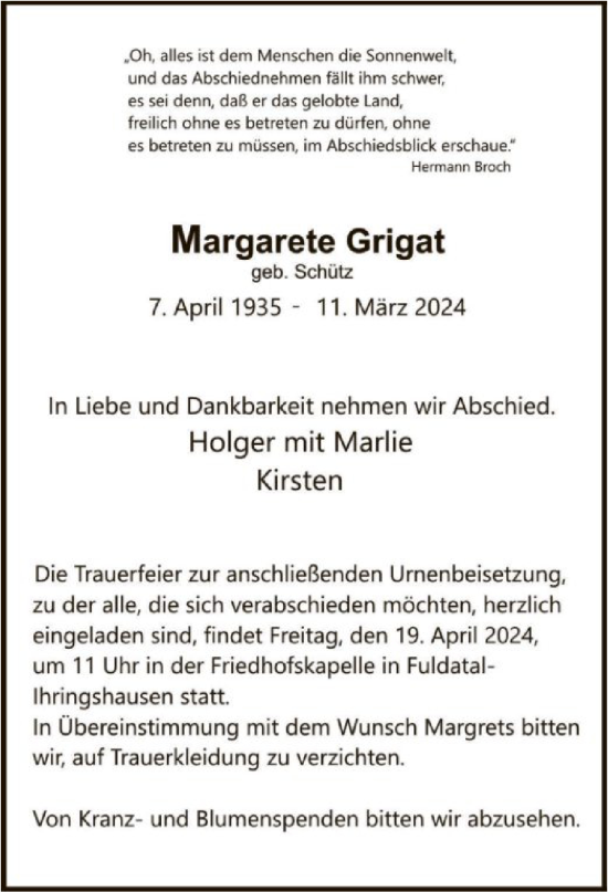 Todesanzeige von Margarete Grigat von HNA