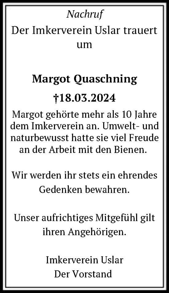 Todesanzeige von Margot Quaschning von HNA