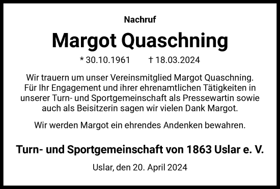 Todesanzeige von Margot Quaschning von HNA