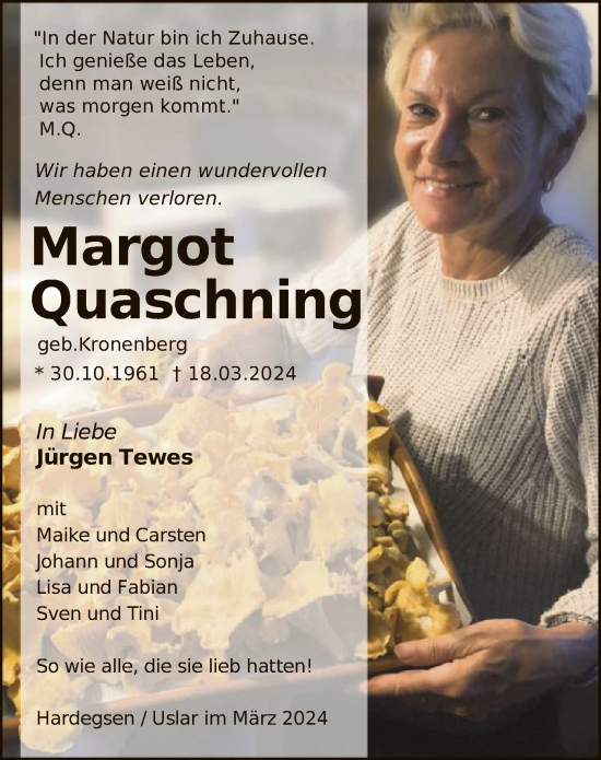 Todesanzeige von Margot Quaschning von HNA