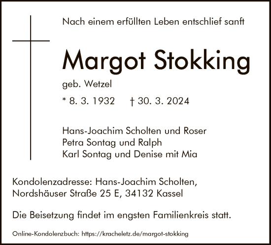 Todesanzeige von Margot Stokking von HNA