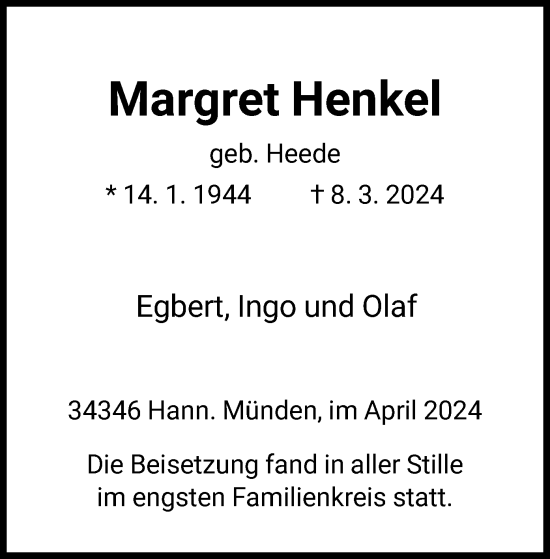 Todesanzeige von Margret Henkel von HNA