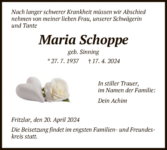 Todesanzeige von Maria Schoppe von HNA