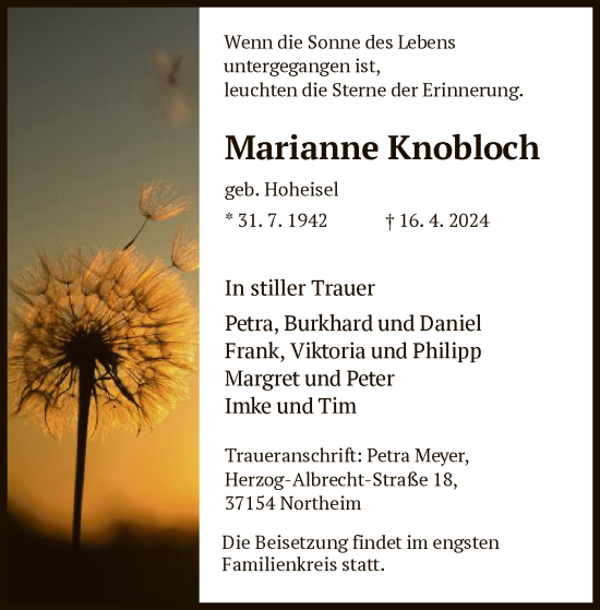 Todesanzeige von Marianne Knobloch von HNA