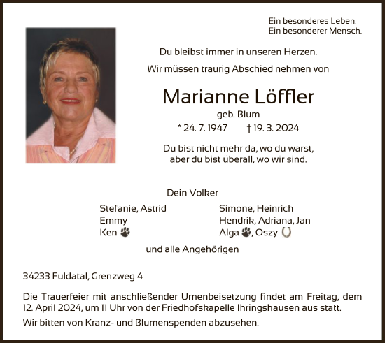 Todesanzeige von Marianne Löffler von HNA