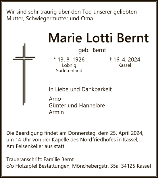 Todesanzeige von Marie Lotti Bernt von HNA