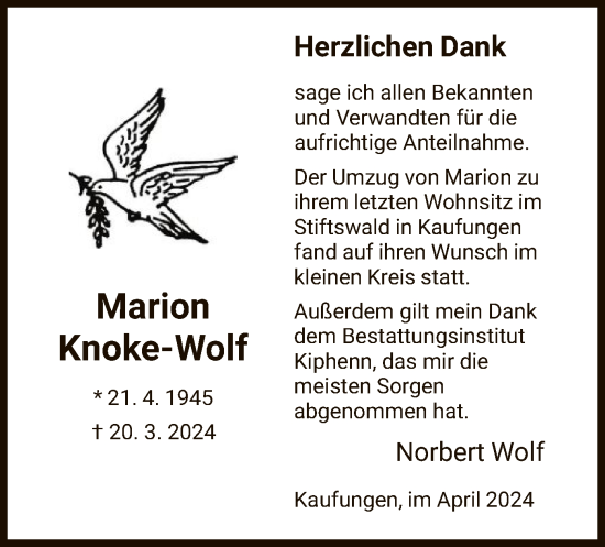 Todesanzeige von Marion Knoke-Wolf von HNA