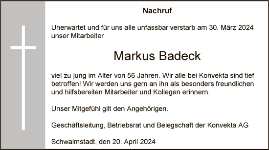 Todesanzeige von Markus Badeck von HNA