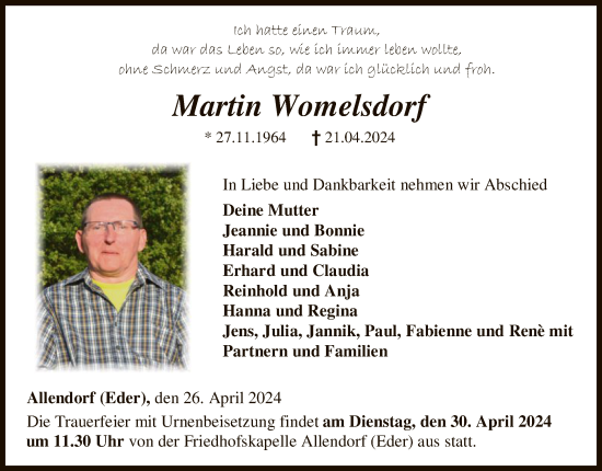 Todesanzeige von Martin Womelsdorf von HNA