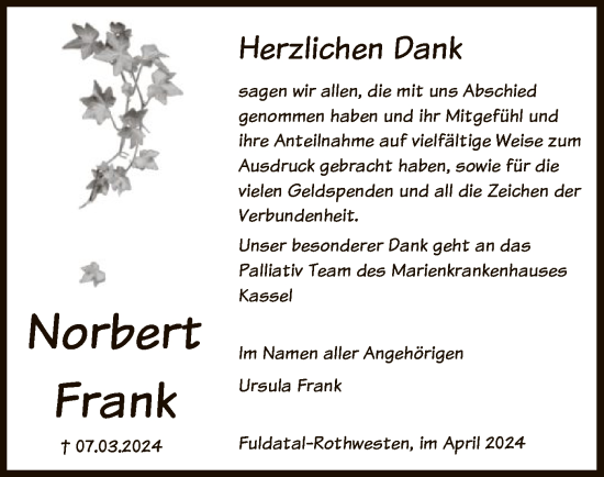 Todesanzeige von Norbert Frank von HNA