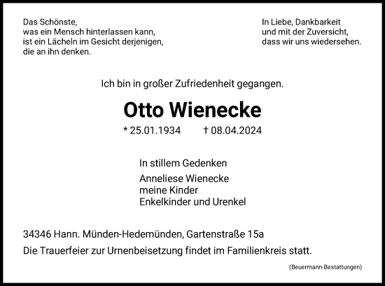 Todesanzeige von Otto Wienecke von HNA