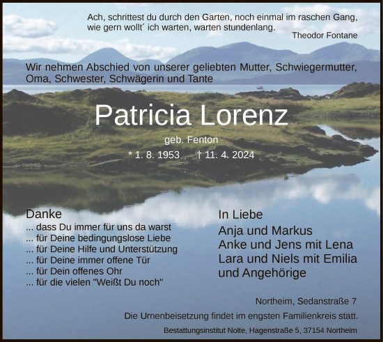 Todesanzeige von Patricia Loren von HNA