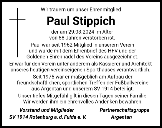 Todesanzeige von Paul Stippich von HNA