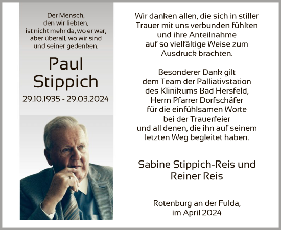 Todesanzeige von Paul Stippich von HNA