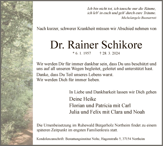 Todesanzeige von Rainer Schikore von HNA