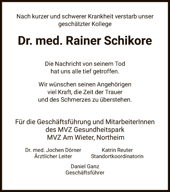 Todesanzeige von Rainer Schikore von HNA