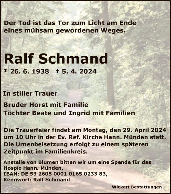 Todesanzeige von Ralf Schmand von HNA