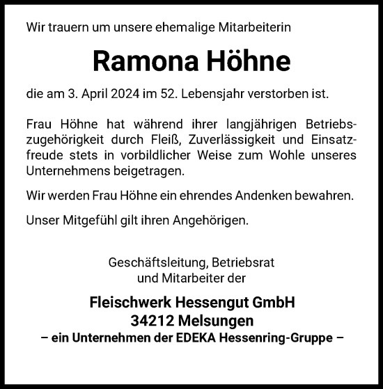 Todesanzeige von Ramona Höhne von HNA
