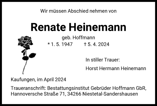 Todesanzeige von Renate Heinemann von HNA