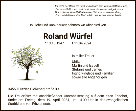 Todesanzeige von Roland Würfel von HNAHNA