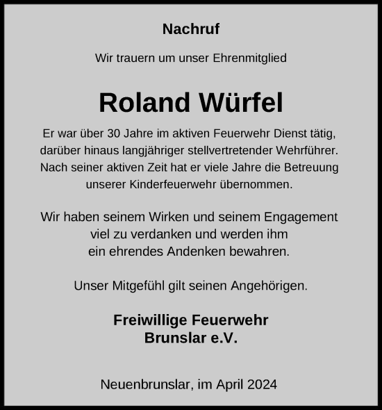 Todesanzeige von Roland Würfel von HNAHNA