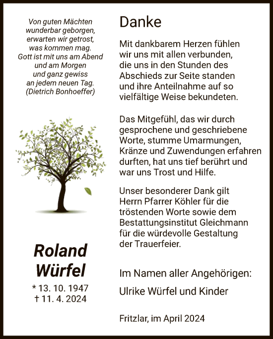 Todesanzeige von Roland Würfel von HNAHNA