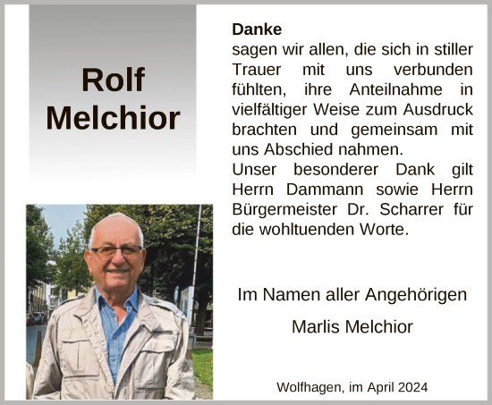 Todesanzeige von Rolf Melchior von HNA
