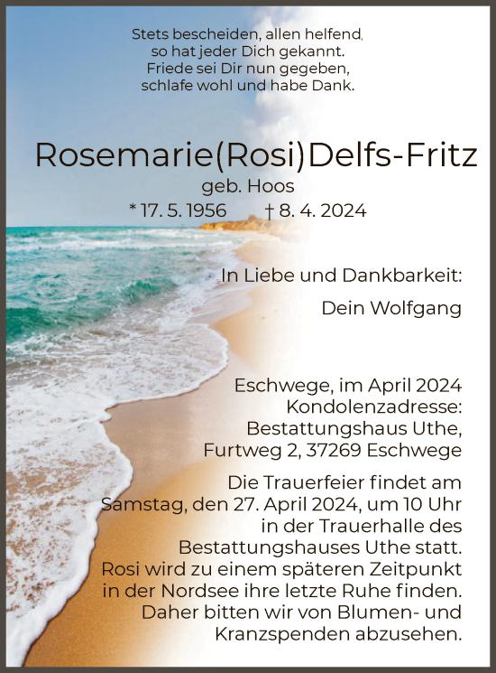 Todesanzeige von Rosemarie Delfs-Fritz von HNA