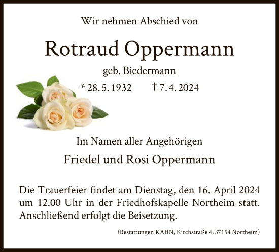 Todesanzeige von Rotraud Oppermann von HNA