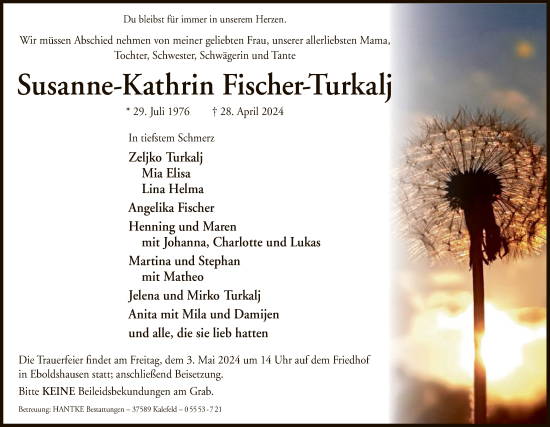 Todesanzeige von Susanne-Kathrin Fischer-Turkalj von HNA