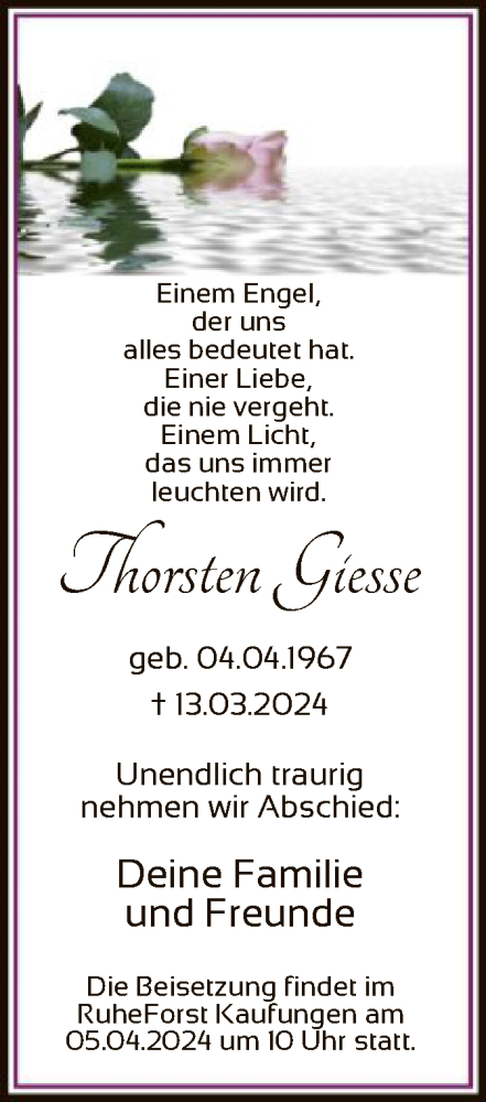 Todesanzeige von Thorsten Giesse von HNA