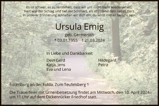 Todesanzeige von Ursula Emig von HNA