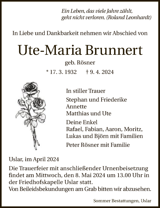 Todesanzeige von Ute-Maria Brunnert von HNA