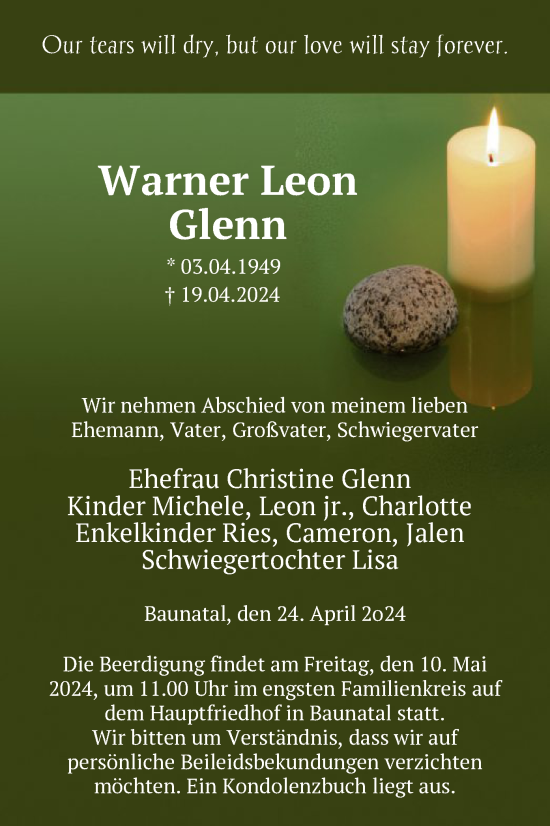 Todesanzeige von Warner Leon Glenn von HNA