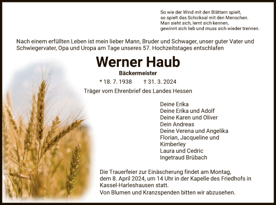 Todesanzeige von Werner Haub von HNA