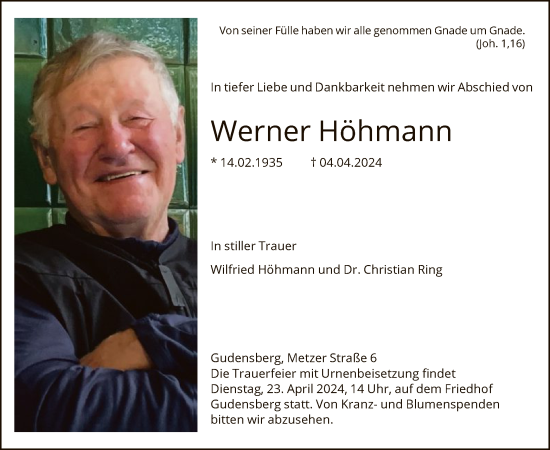 Todesanzeige von Werner Höhmann von HNA
