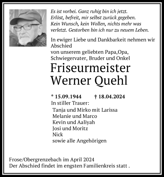 Todesanzeige von Werner Ouehl von HNA
